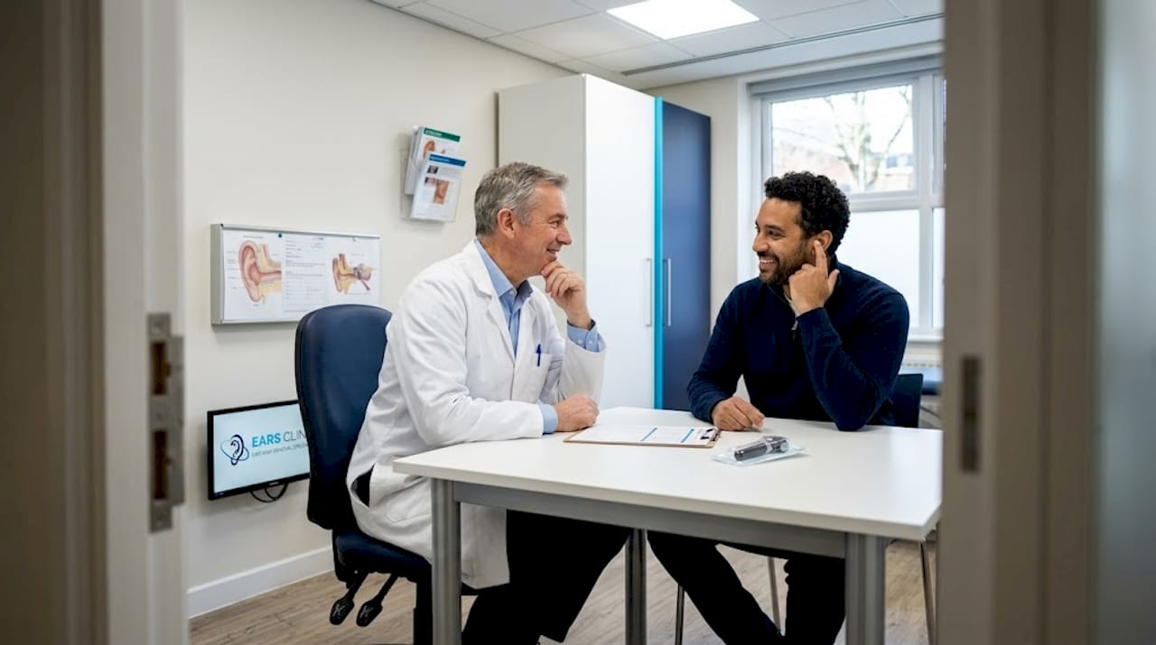 Audiologist discussing ear exam results with patient