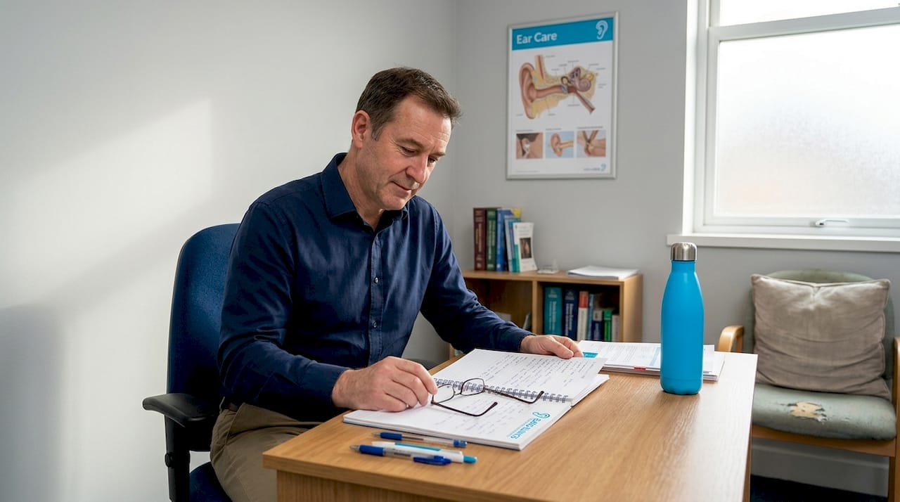 Audiologist reviewing patient notes with otoscope