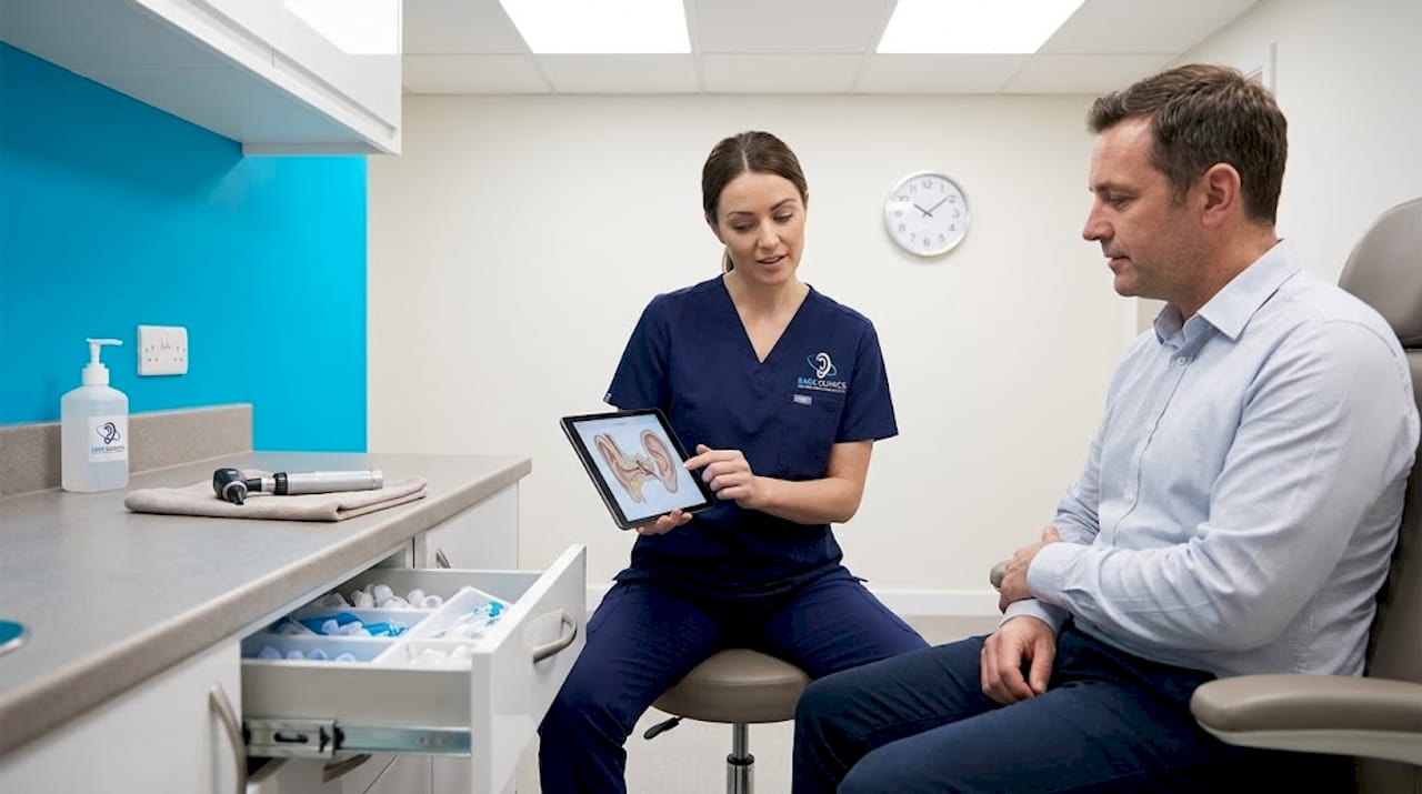 Clinician explains ear care to adult patient