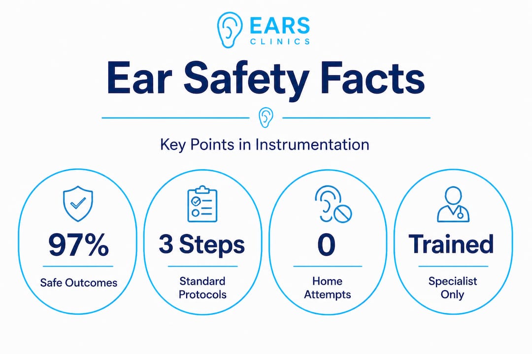 Ear instrumentation safety infographic with stat callouts