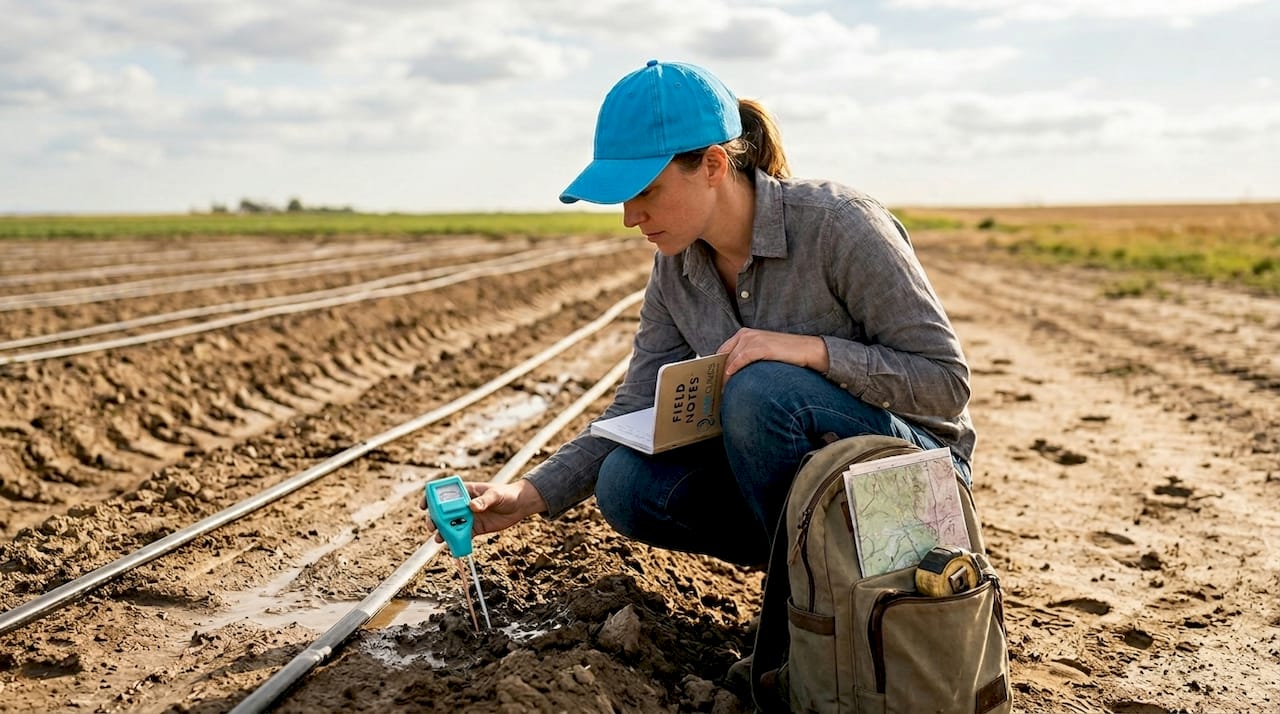 Consultant comparing drip and surface irrigation in field