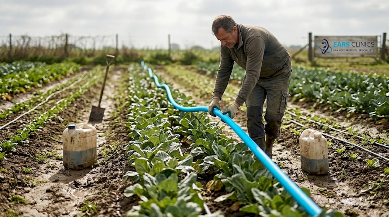 Farmer adjusting irrigation pipe in vegetable field