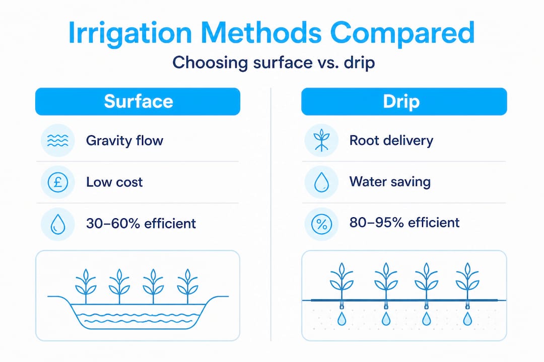 Infographic comparing surface and drip irrigation methods