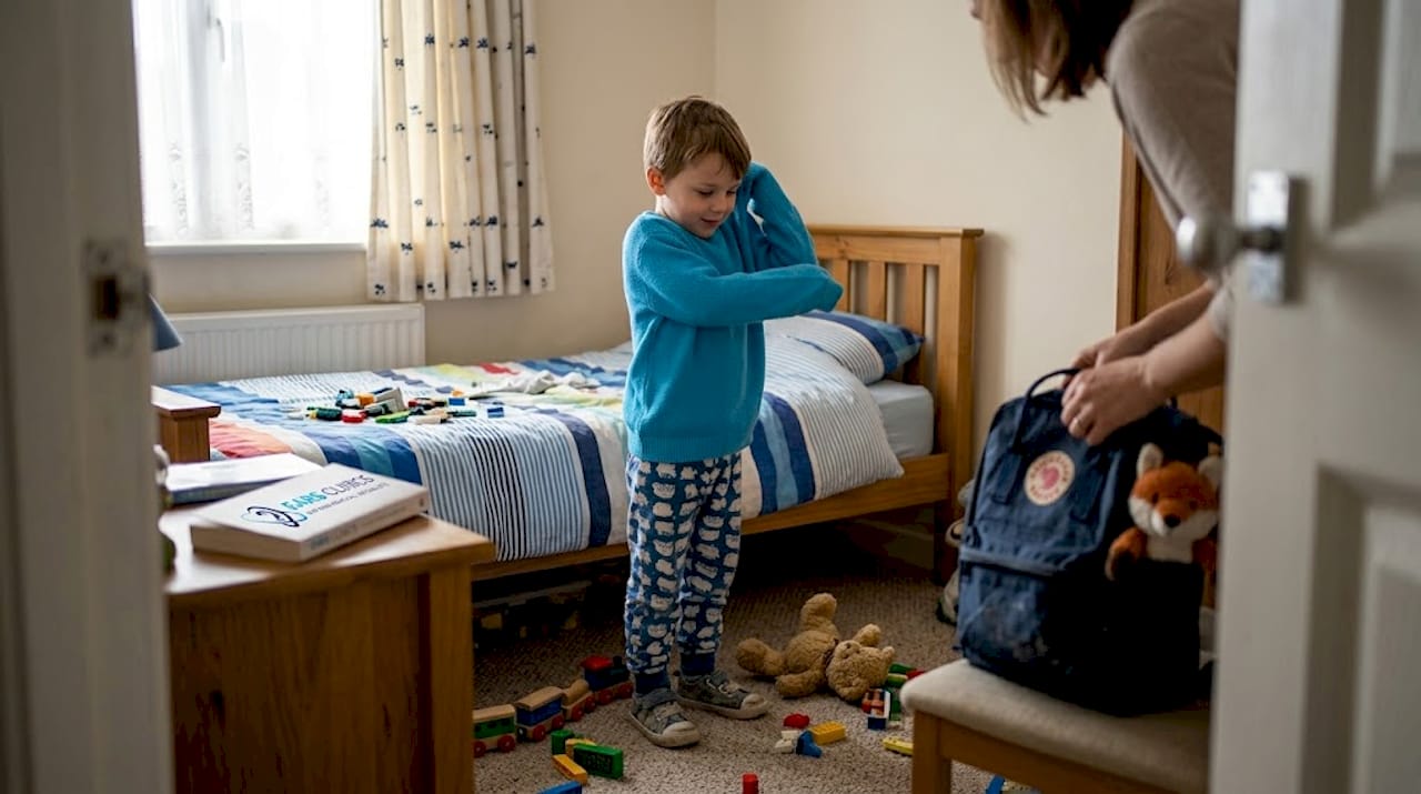 Child getting dressed for clinic visit