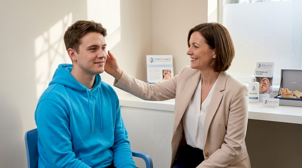 Audiologist examines ear with otoscope