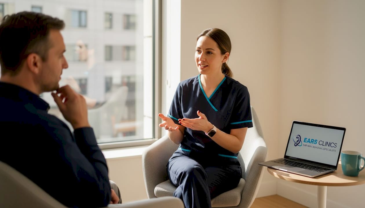 Ear care specialist examines patient's ear