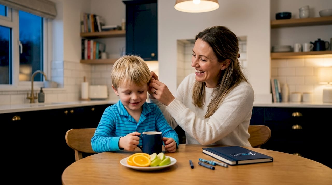 Mother and child at kitchen table for morning ear care