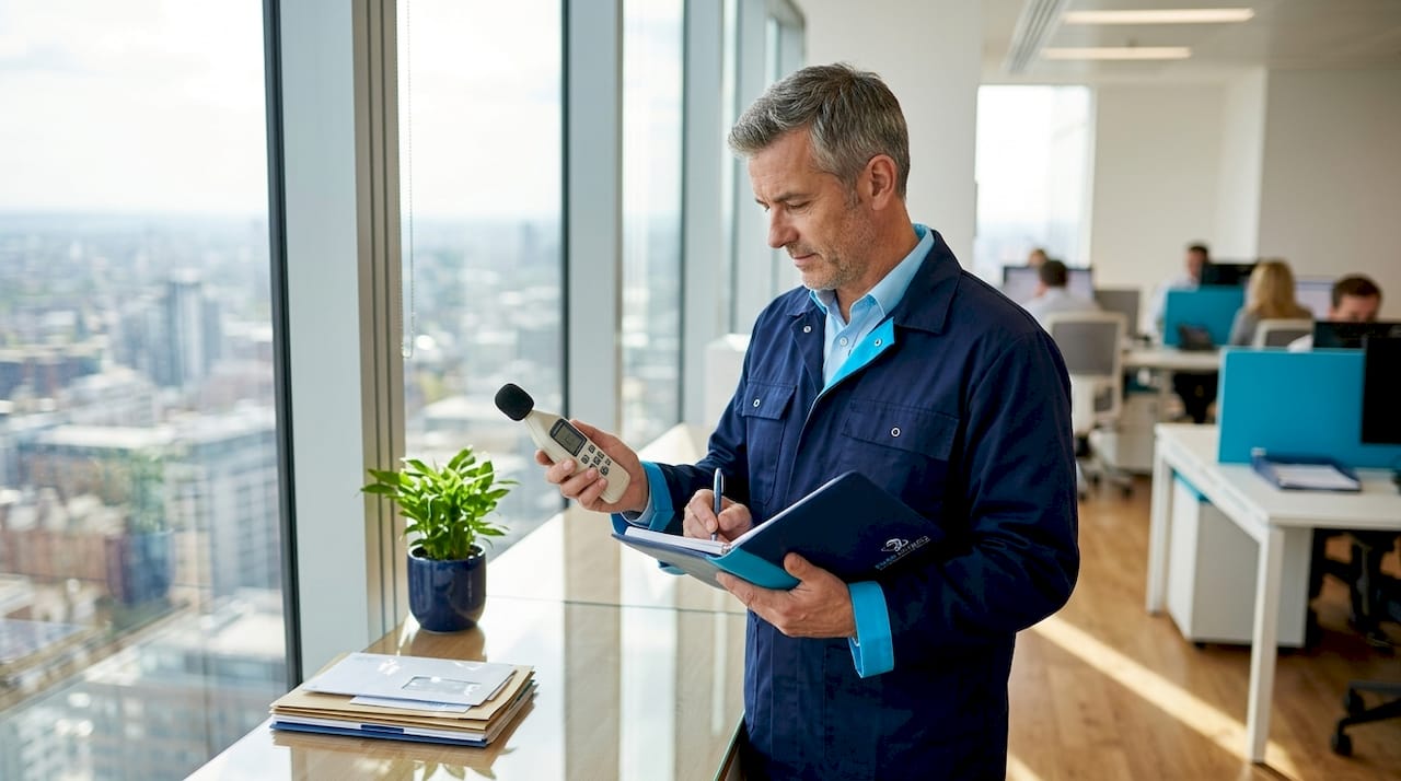 Manager measuring office noise for risk assessment