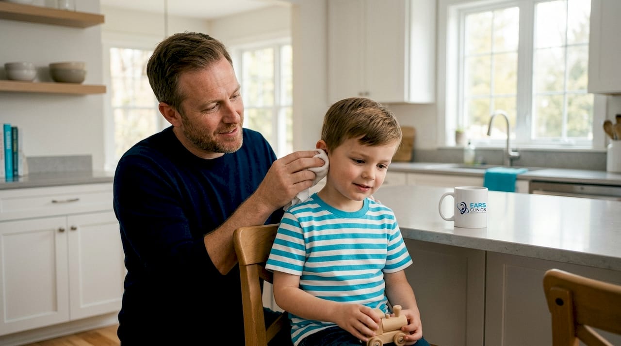 Parent gently cleaning child’s ear