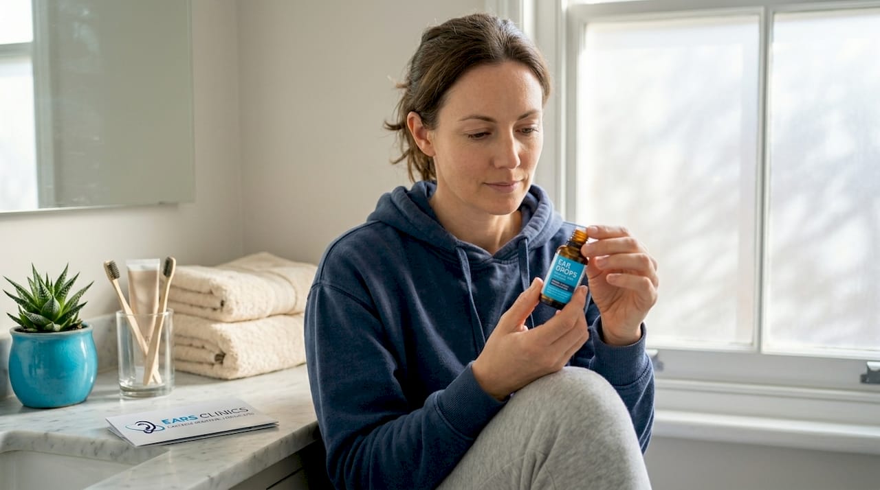Woman reading ear drop instructions at home