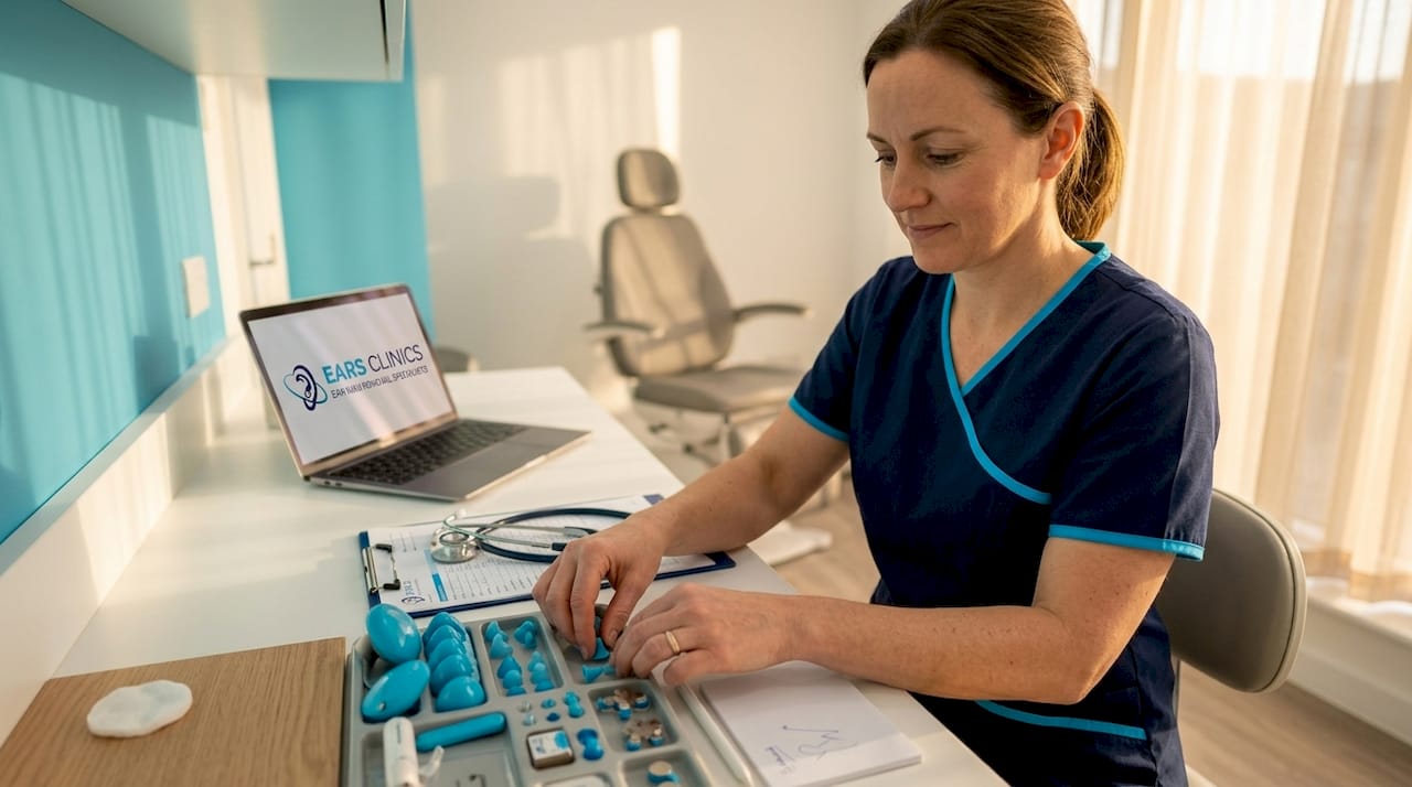 Audiologist preparing ear care instruments in clinic