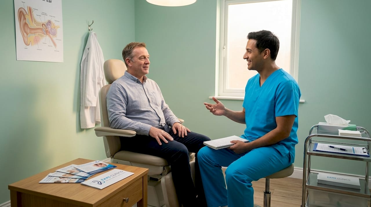 Patient reclined for ear examination in clinic