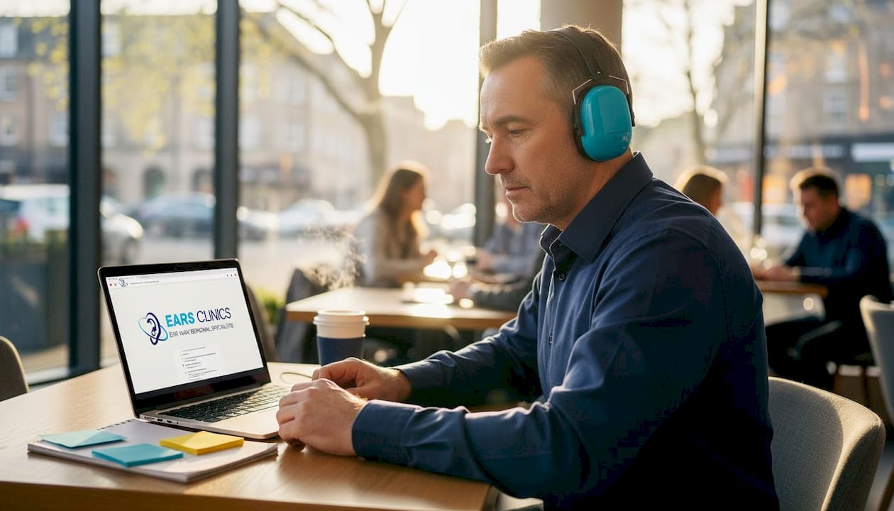 Man wearing hearing protection at office desk