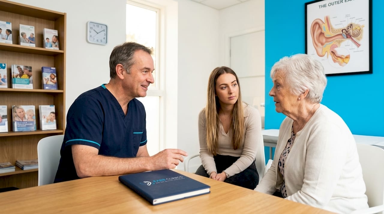 Doctor giving hearing test to senior patient