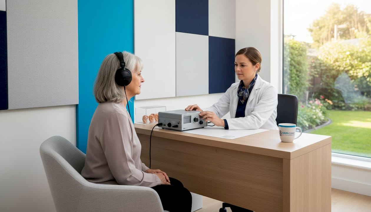 Senior woman receiving hearing assessment at clinic