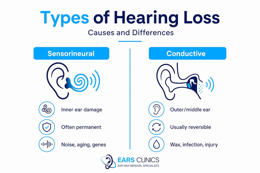 Infographic comparing types and causes of hearing loss