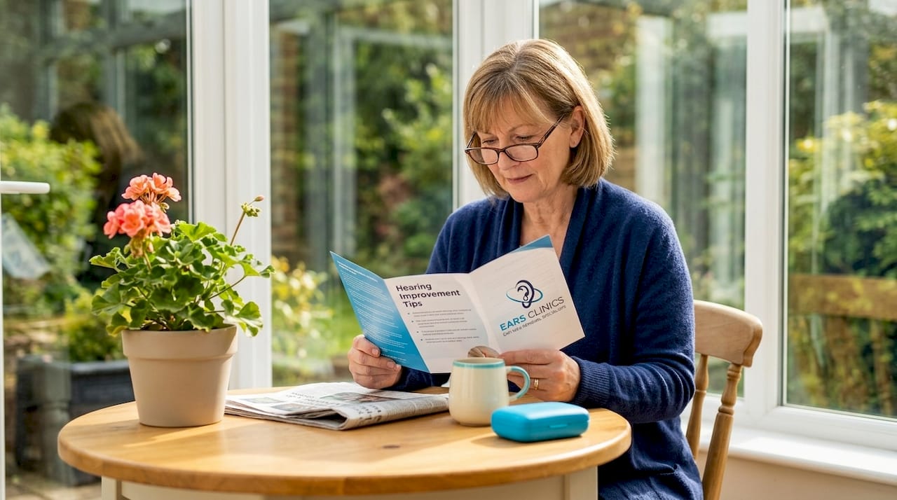 Woman reading hearing improvement pamphlet