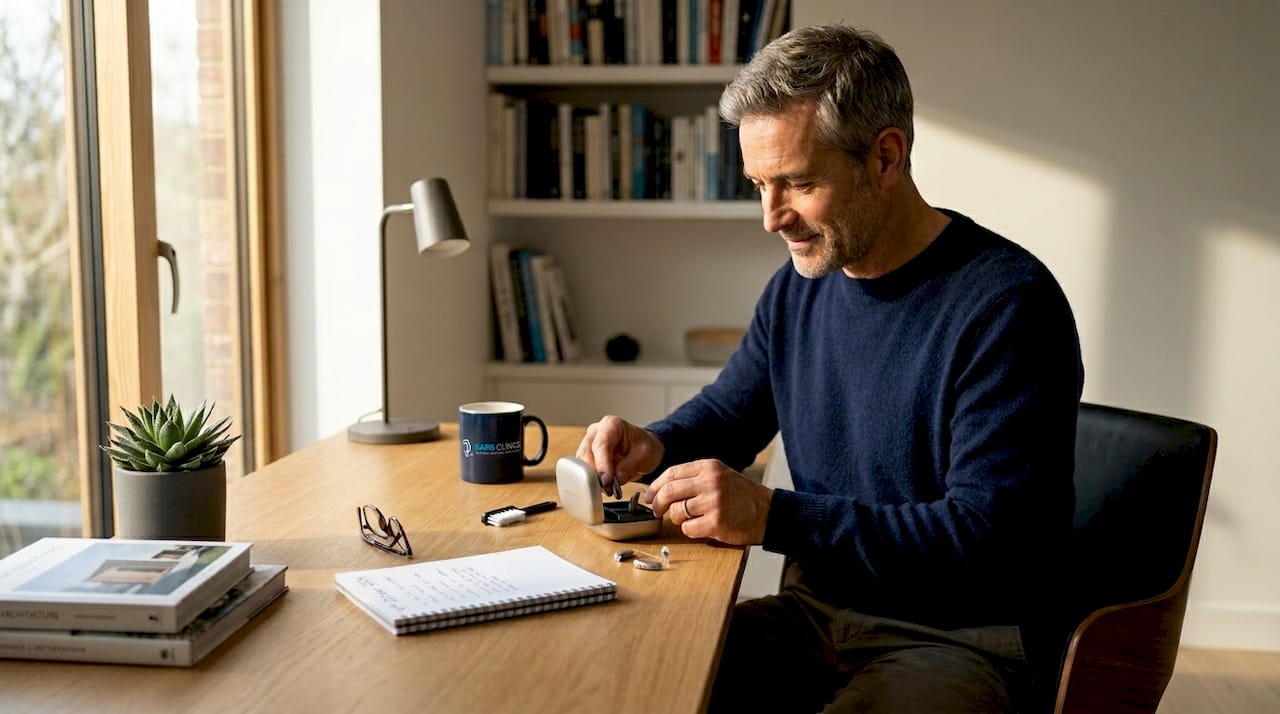 Man unboxing modern hearing aids at home