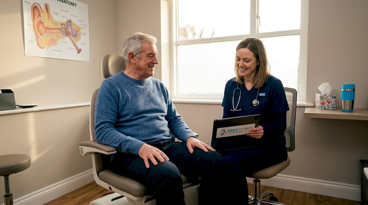 Patient and audiologist in NHS ear clinic consult