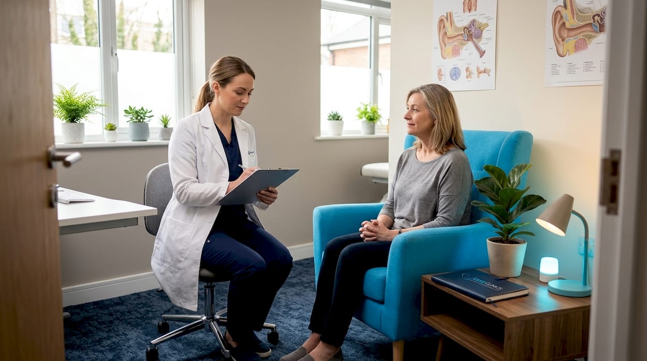 Audiologist and patient in modern ear clinic