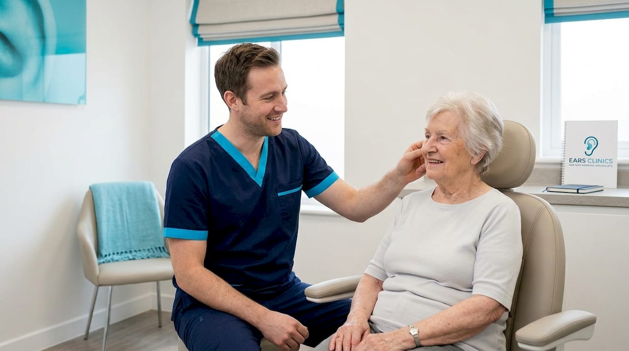 Clinician performing safe microsuction ear exam