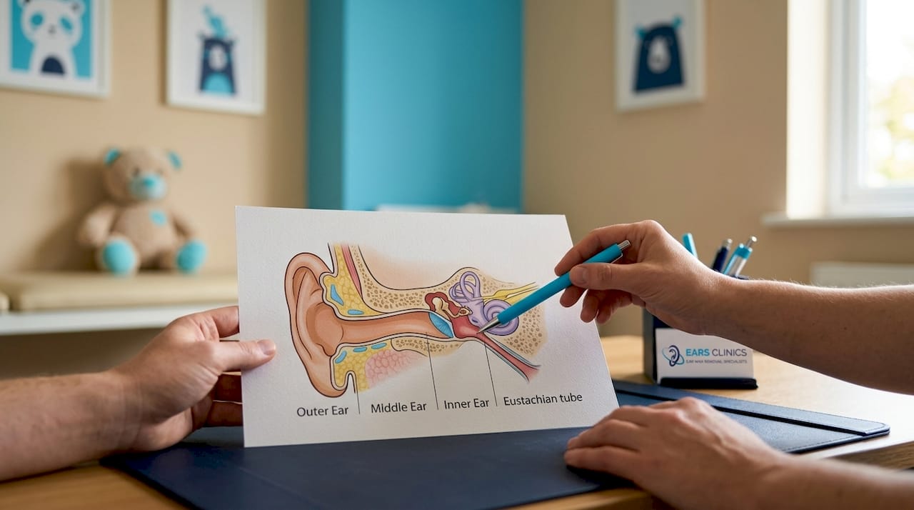 Medical ear anatomy diagram on desk