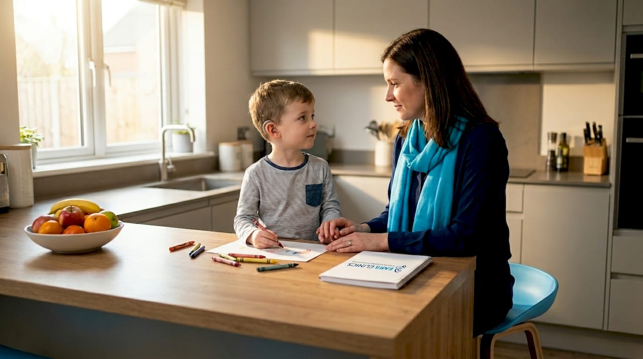 Mother comforting child with hearing aid