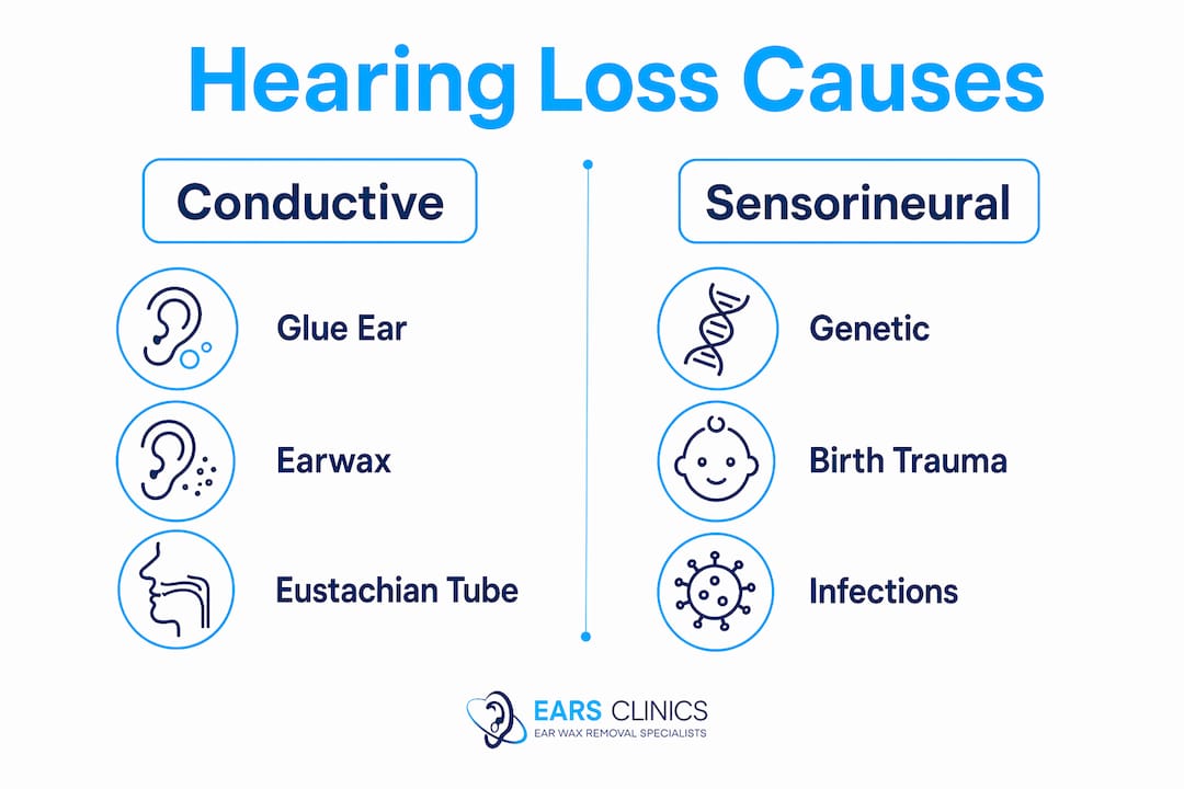 Infographic comparing conductive and sensorineural hearing loss causes