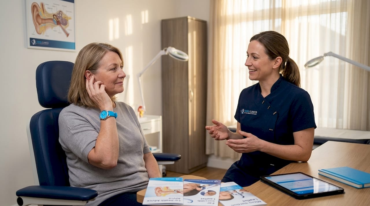 Patient receiving ear examination in clinic