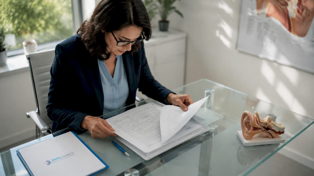 Healthcare auditor reviewing NHS accreditation documents