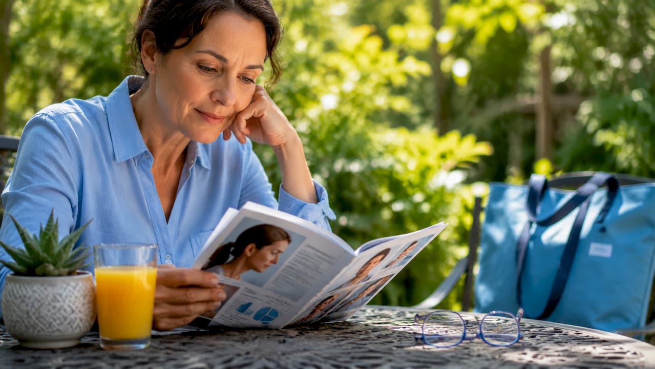 Woman reading ear health myths article at table