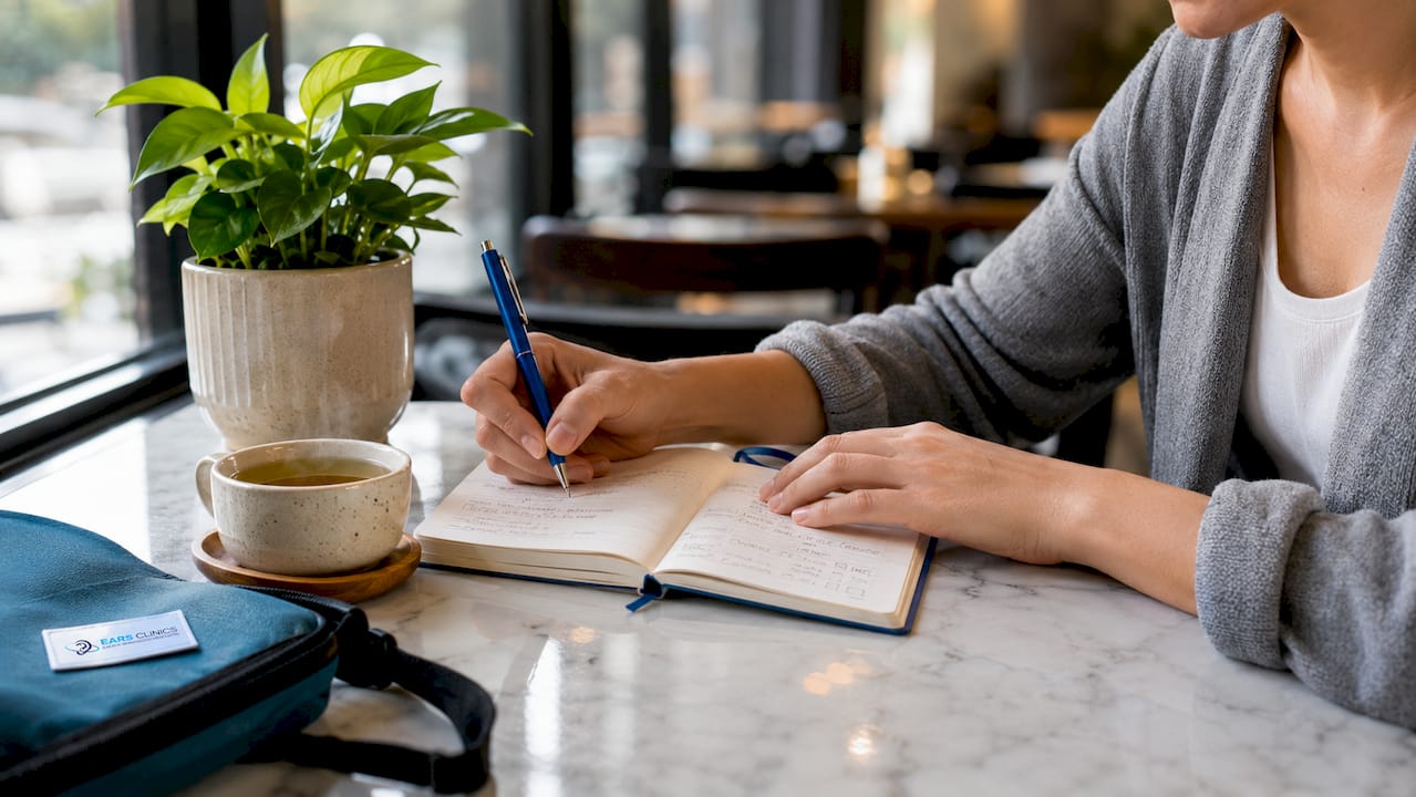 Hands writing in symptom diary at home table