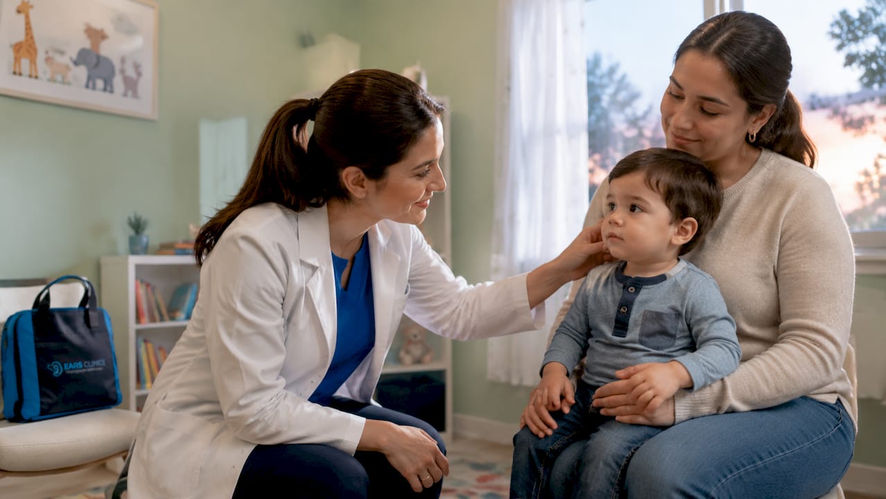 Pediatrician examining toddler's ear in clinic