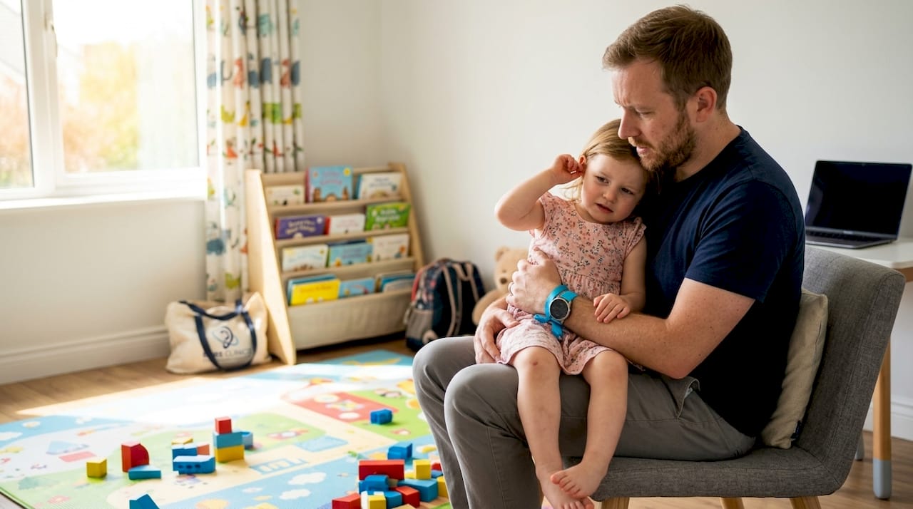 Mother comforting child tugging at ear on couch