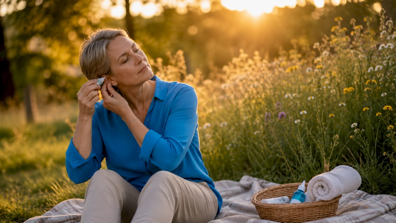 Woman applying ear drops at home bathroom