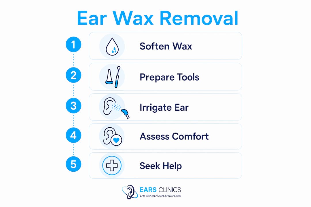 Infographic illustrating safe ear wax removal steps
