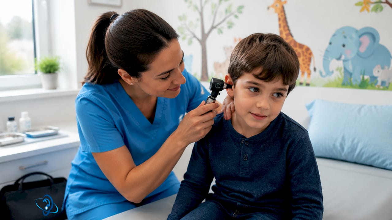 Nurse examining child’s ear in clinic room