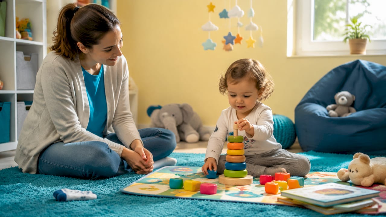 Mother observing toddler during developmental play