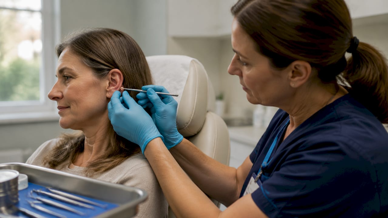 Healthcare worker using ear curette on patient
