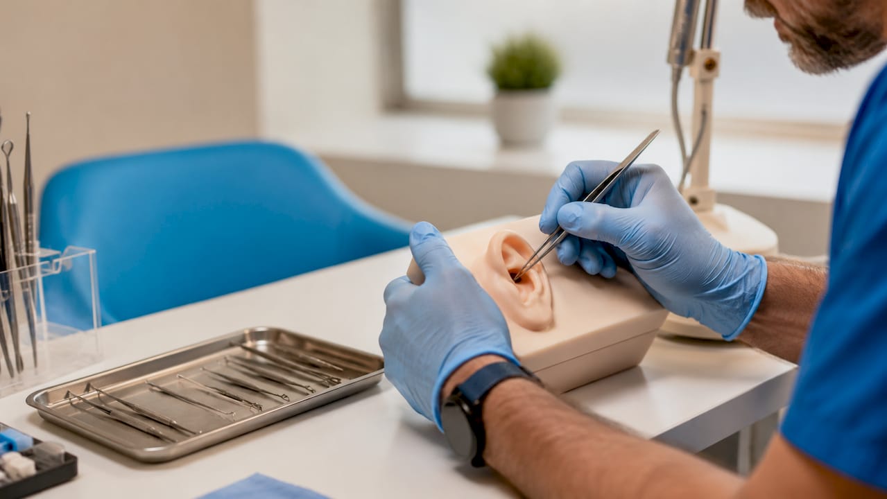 Overhead view of hands with ear wax removal tools