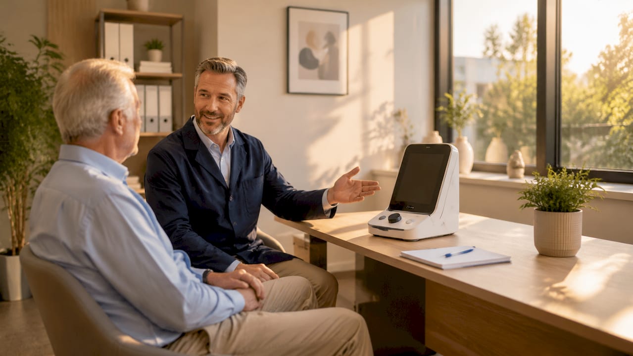 Audiologist consulting elderly patient