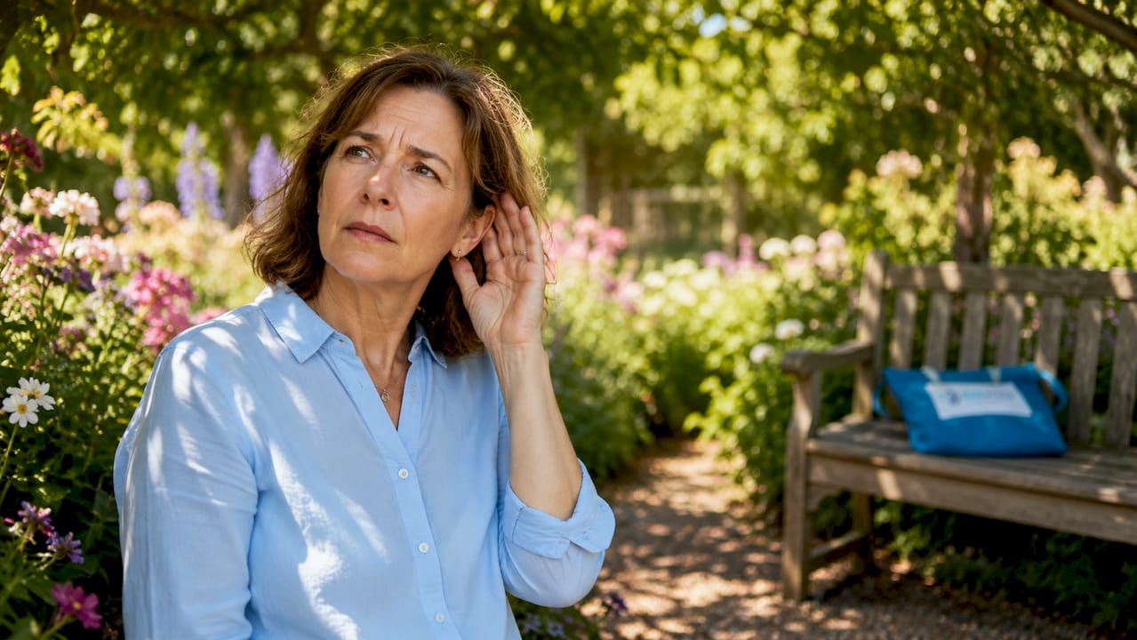 Woman experiencing hearing difficulty at home
