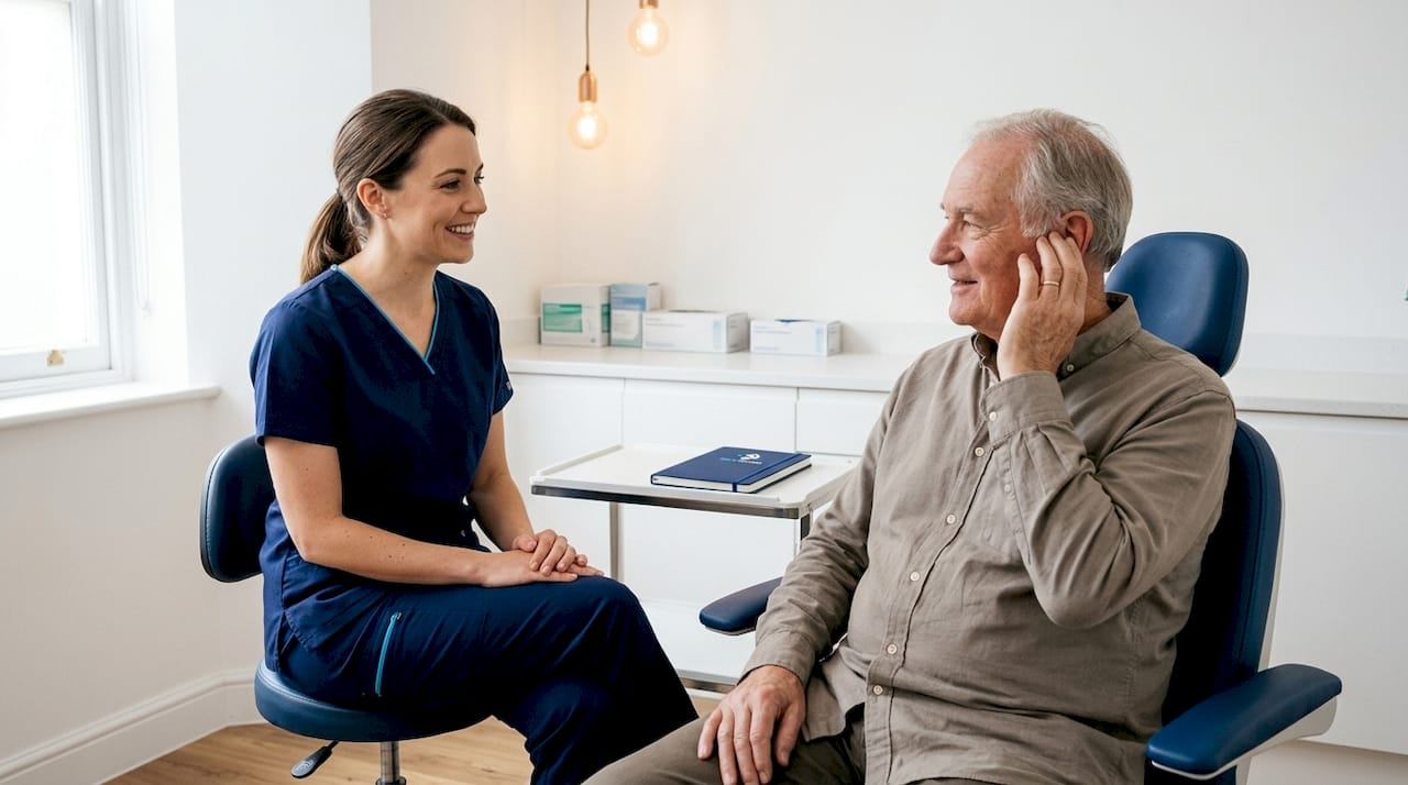 Healthcare worker performing microsuction ear wax removal