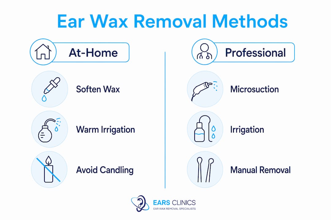Infographic comparing at-home and professional ear wax removal methods