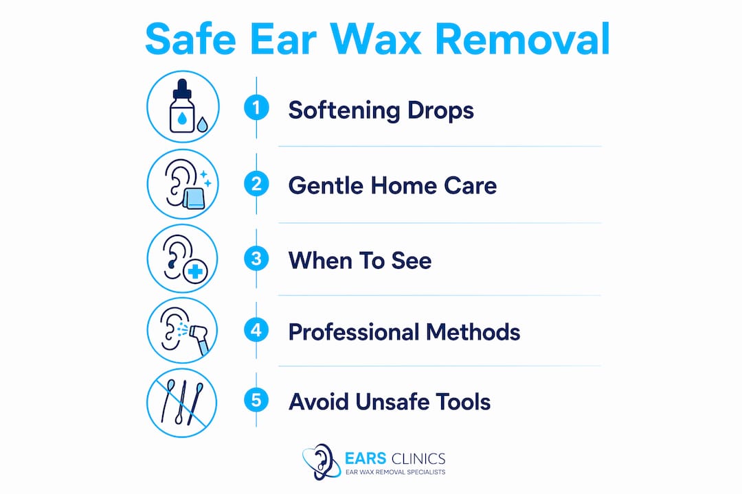 Infographic illustrating safe ear wax removal steps