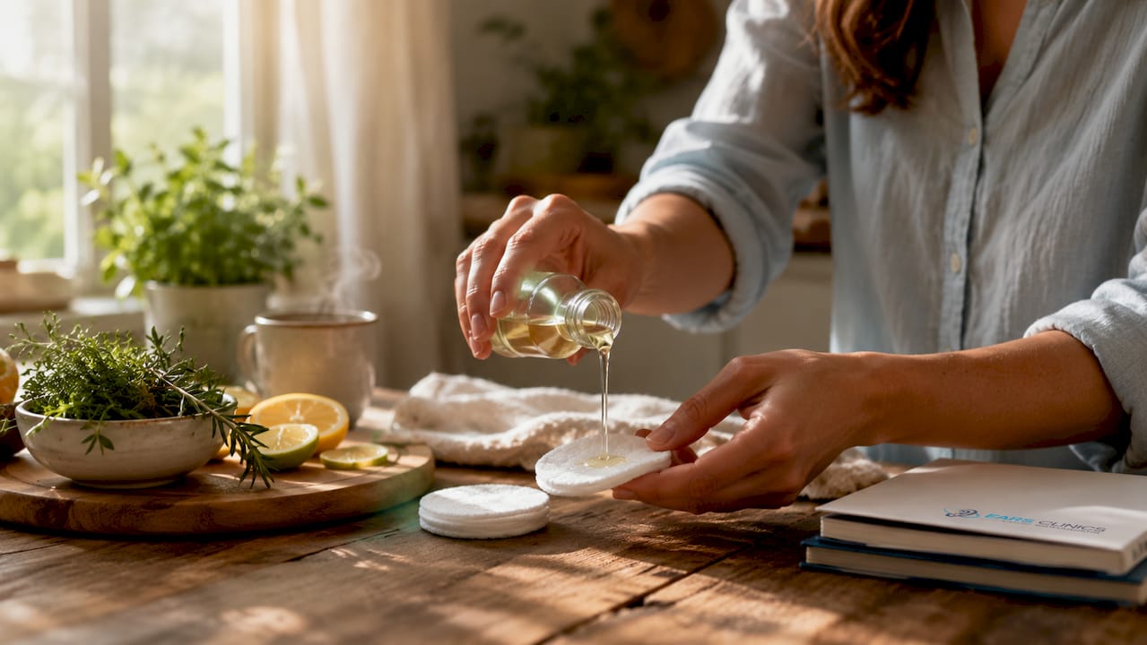 Hands holding olive oil bottle in warm kitchen setting