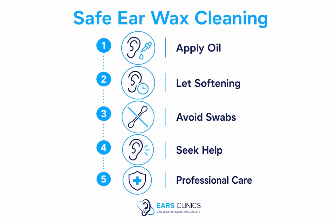 Infographic illustrating safe ear wax cleaning steps
