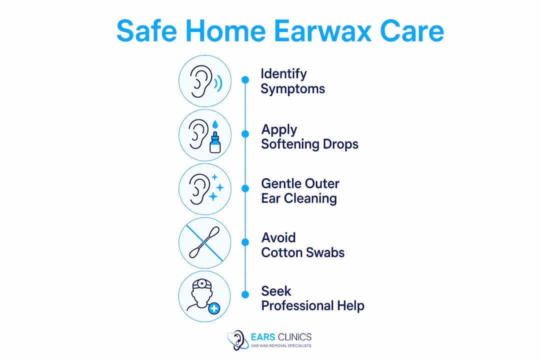 Infographic illustrating safe steps for home earwax care