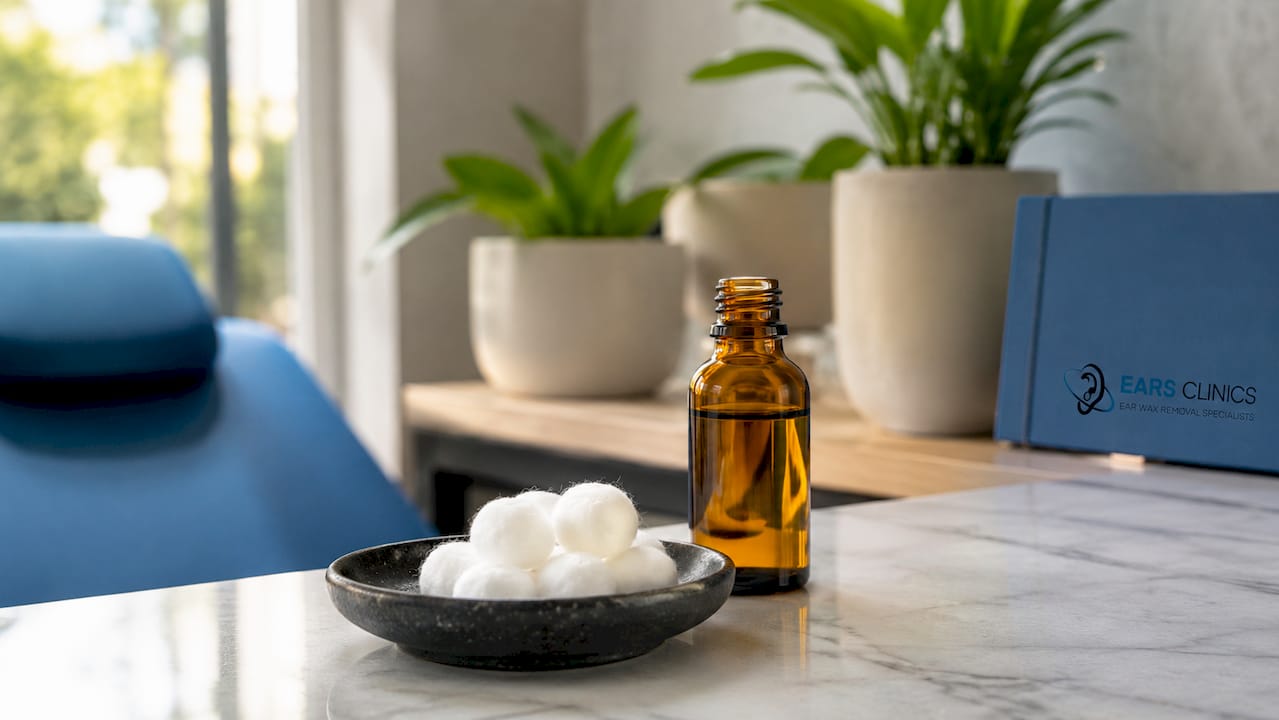 Olive oil bottle on wood surface in clinic