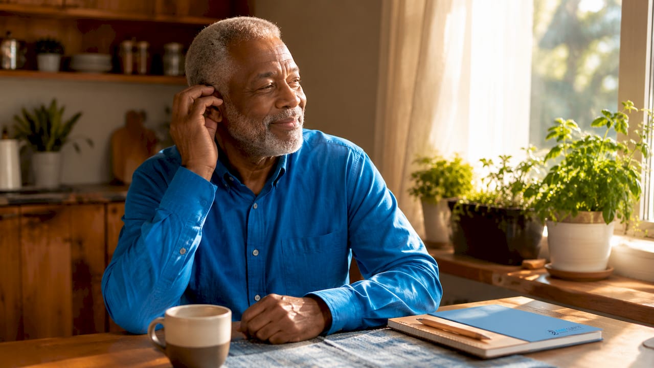 Man gently touching outer ear in natural home setting